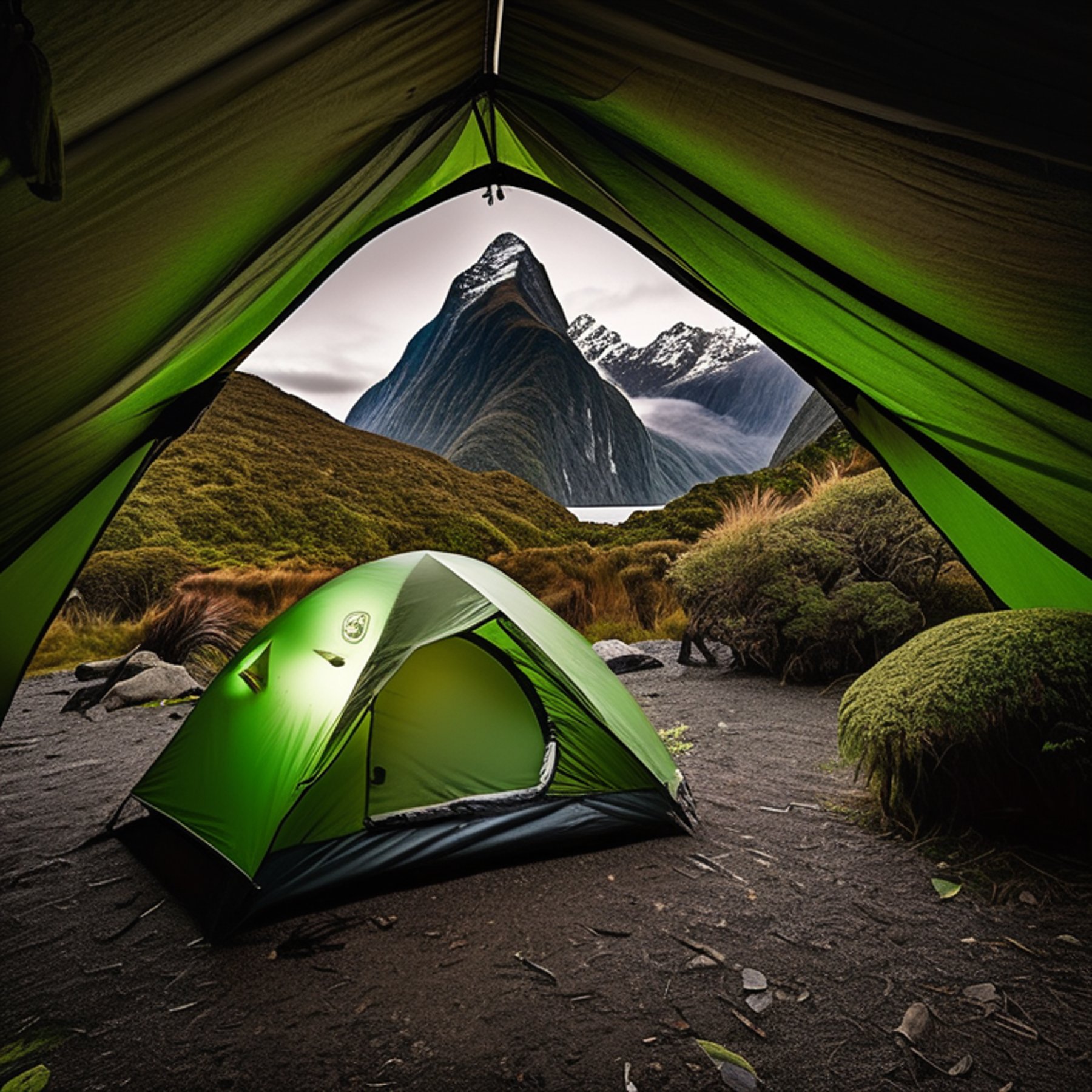 A green camo tent glows softly in a quiet dirt clearing at night. Tall bushes surround the campsite, with dark mountains rising in the cloudy distance. A backpack rests nearby, ready for adventure.