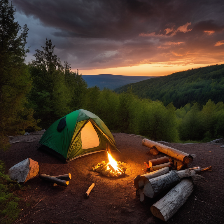 A green tent rests in a forest clearing as stormy skies glow with sunset light. Nearby, a warm campfire sits among stones and logs, with bushes and fallen leaves all around.