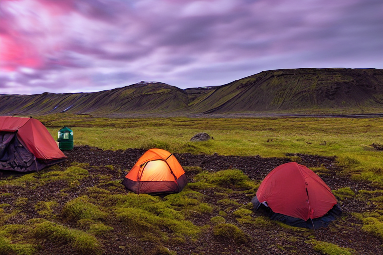 A tan tent rests on a paved campsite in Iceland as the sun sets beneath cloudy skies. Berry bushes, fallen leaves, and a small wooden twig surround the dirt patch. A glowing lantern adds a warm, cozy touch.