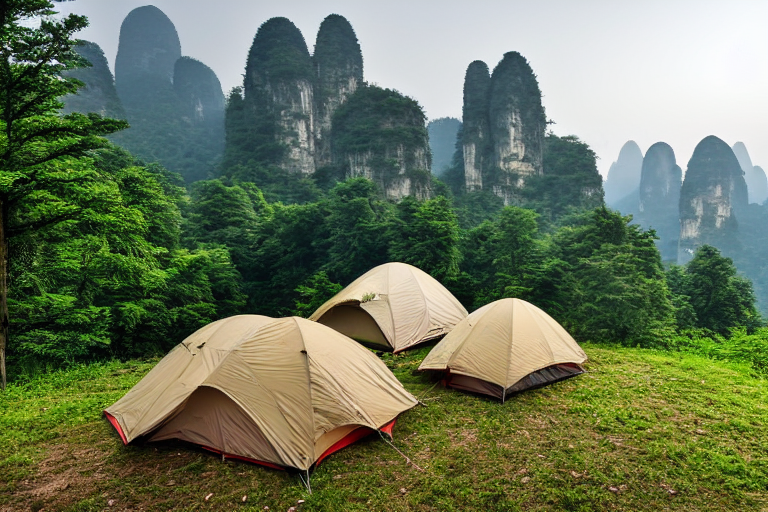 A green and tan tent rests on a paved campsite as rain falls over Zhangjiajie, China. Camping chairs, a gear box, and a wooden guitar sit nearby, while birds fly across the soft sunset sky.