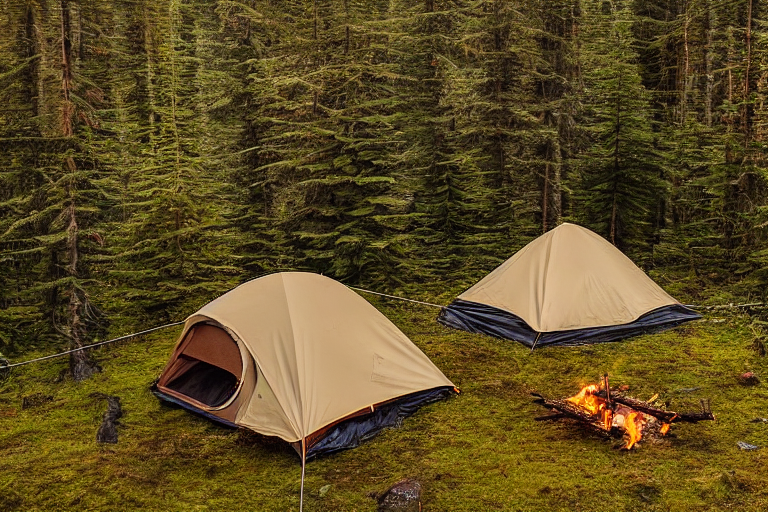 A cozy brown tent rests beside a glowing campfire in the misty Alaska wilderness. Mossy trees, a quiet stream, and rolling hills surround the camp, while deer wander in the distance.