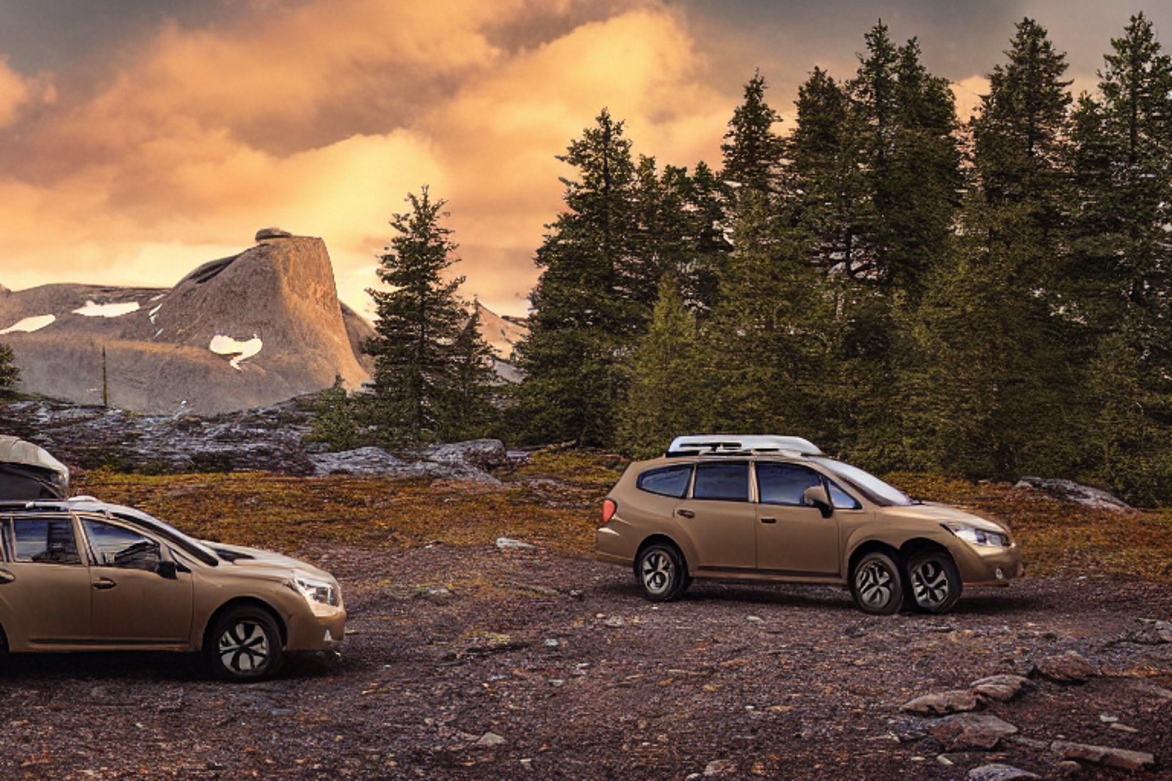 A brown Subaru with its rooftop tent open rests beside a warm campfire. Large bushes, stone slabs, and a dirt trail surround the campsite, while a mountain rises under Norway’s clear night sky.