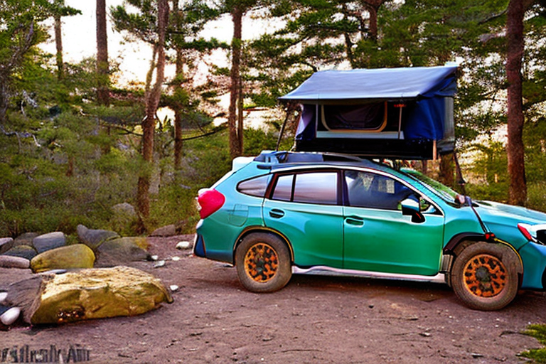 A green Subaru rests on a rocky Maine campsite beside a warm campfire. Its rooftop tent glows softly as the sun sets over the clear coast. Large stone slabs and camping gear add to the cozy outdoor scene.