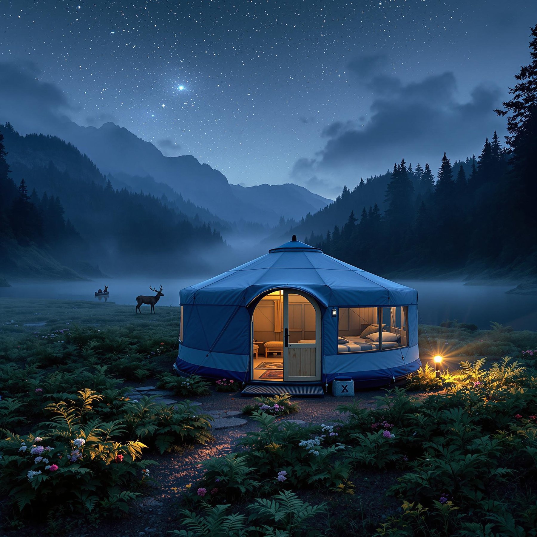 A cozy blue-gray yurt glows beside the quiet lake at night. Ferns and wildflowers cover the shore as meteors streak across the stormy sky. A deer stands in the distance, seen from a canoe drifting toward camp.