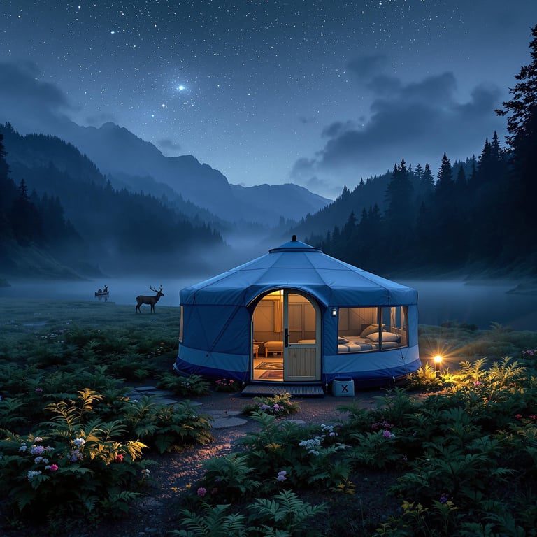 A cozy blue-gray yurt glows beside the quiet lake at night. Ferns and wildflowers cover the shore as meteors streak across the stormy sky. A deer stands in the distance, seen from a canoe drifting toward camp.