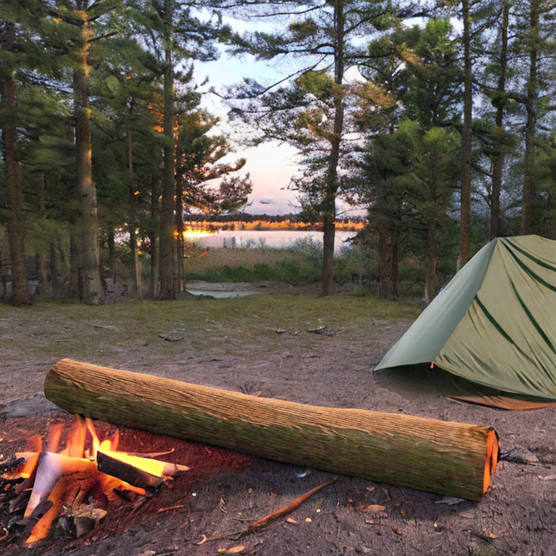 A green and tan tent rests beside a quiet lake as snow falls softly. A warm campfire glows on the dirt patch, with a large log nearby and leaves scattered around the paved campsite.