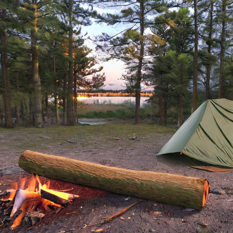 A green and tan tent rests beside a quiet lake as snow falls softly. A warm campfire glows on the dirt patch, with a large log nearby and leaves scattered around the paved campsite.