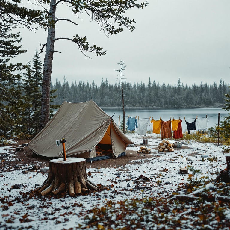 A bright coral tent sits in a quiet forest campsite near the Apostle Islands. Sleety weather fills the air as clothes hang on a line, firewood rests by the campfire, and an axe stands in a tree stump. A parking spot nearby adds a touch of comfort to the wild scene.