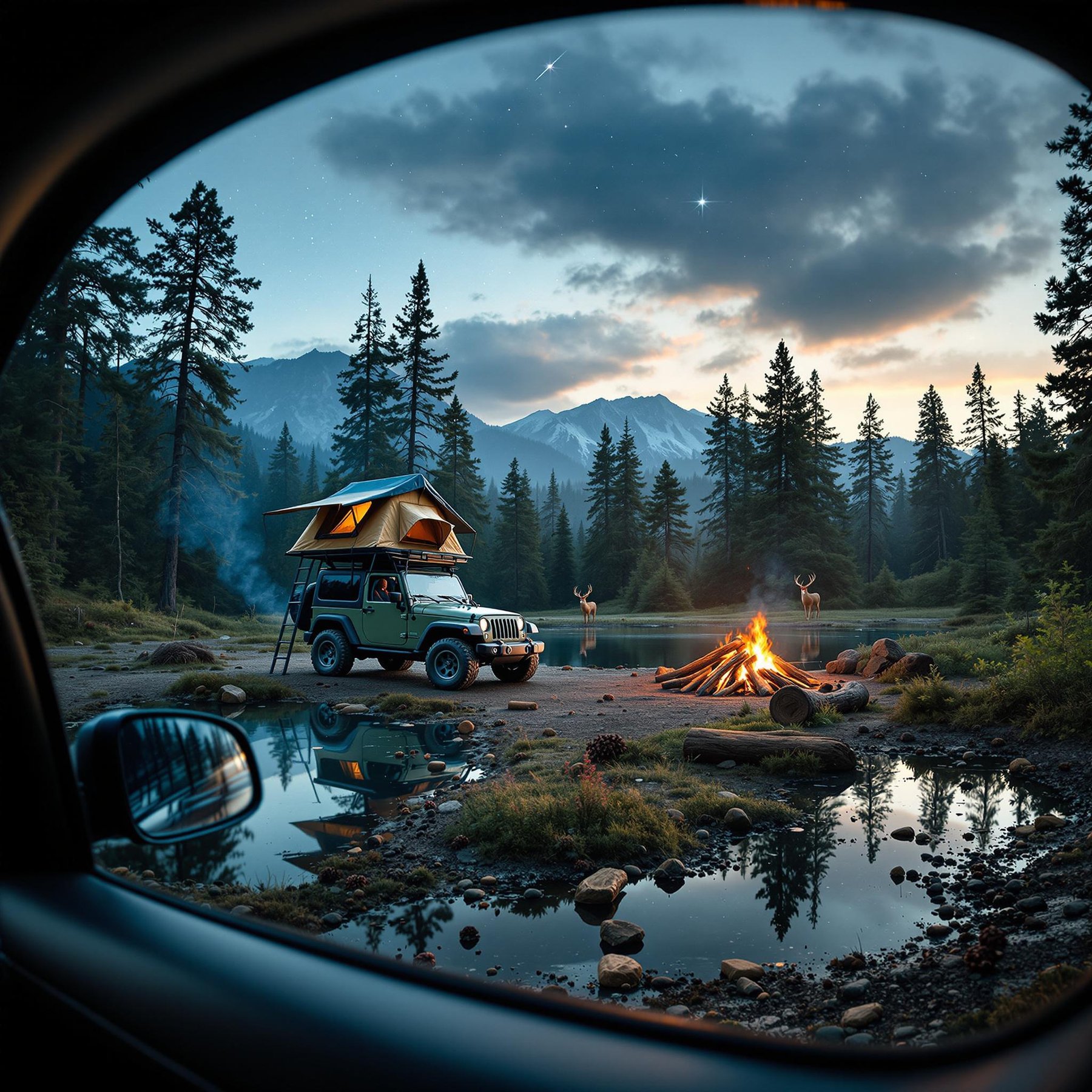 A cozy campsite by a peaceful lake is surrounded by tall, whispering pine trees. A crackling campfire glows warmly beside a jeep with a rooftop tent, while deer quietly wander nearby. Above, the sky is sprinkled with stars, adding magic to the mountain backdrop.