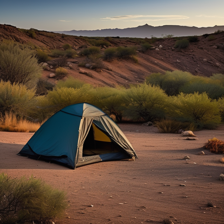 A cozy tent rests on a rocky dirt clearing in an overgrown forest. Tall bushes and scattered stones surround the campsite, while the setting sun fills the clear sky with warm light. A small parking spot sits nearby.