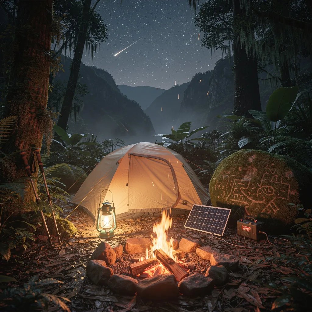 A beige tent sits in a lush forest clearing, with mist drifting between mossy boulders carved with old symbols. A small campfire and a glowing lantern make the campsite feel warm and safe. Above the trees, the sky is packed with stars and tiny shooting meteors. Nearby, a folded solar panel and trekking poles rest quietly by the tent.