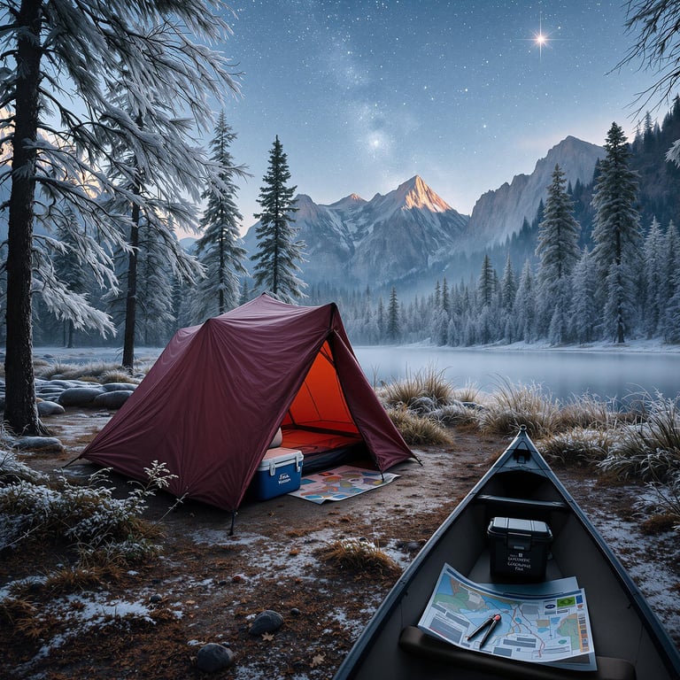 A burgundy tarp shelter rests by the misty shore of Yosemite National Park. Frosty tree branches surround the camp, with a cooler and map waiting nearby. Seen from a canoe, the quiet scene feels crisp, wild, and peaceful.