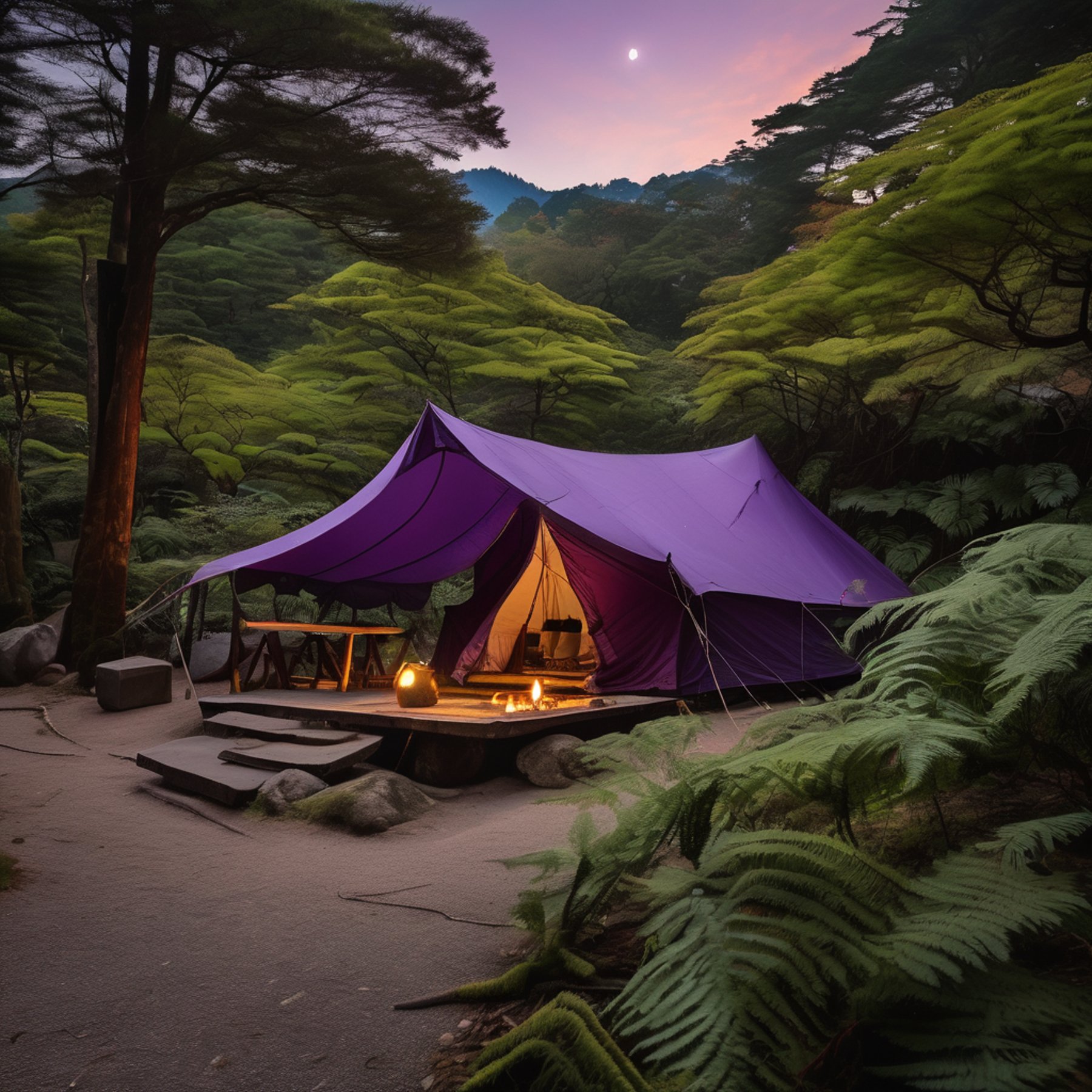 A purple tent rests among ferns and large stone slabs on Miyajima Island. A small lantern glows nearby as the sun rises under a clear sky. The campsite is seen from a passing train window.