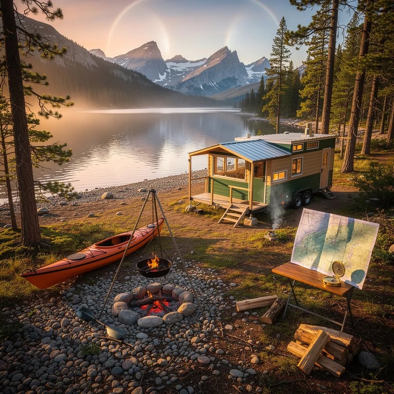 A quiet campsite sits by a clear alpine lake, with tall pine trees glowing in the warm sunset light. A tiny house on wheels rests near the woods, and a kayak waits on the pebbly shore. Smoke curls up from a small fire where a cast-iron skillet hangs, while a map and compass lie ready on the table. Rugged mountains stand far away under a bright, golden sky.