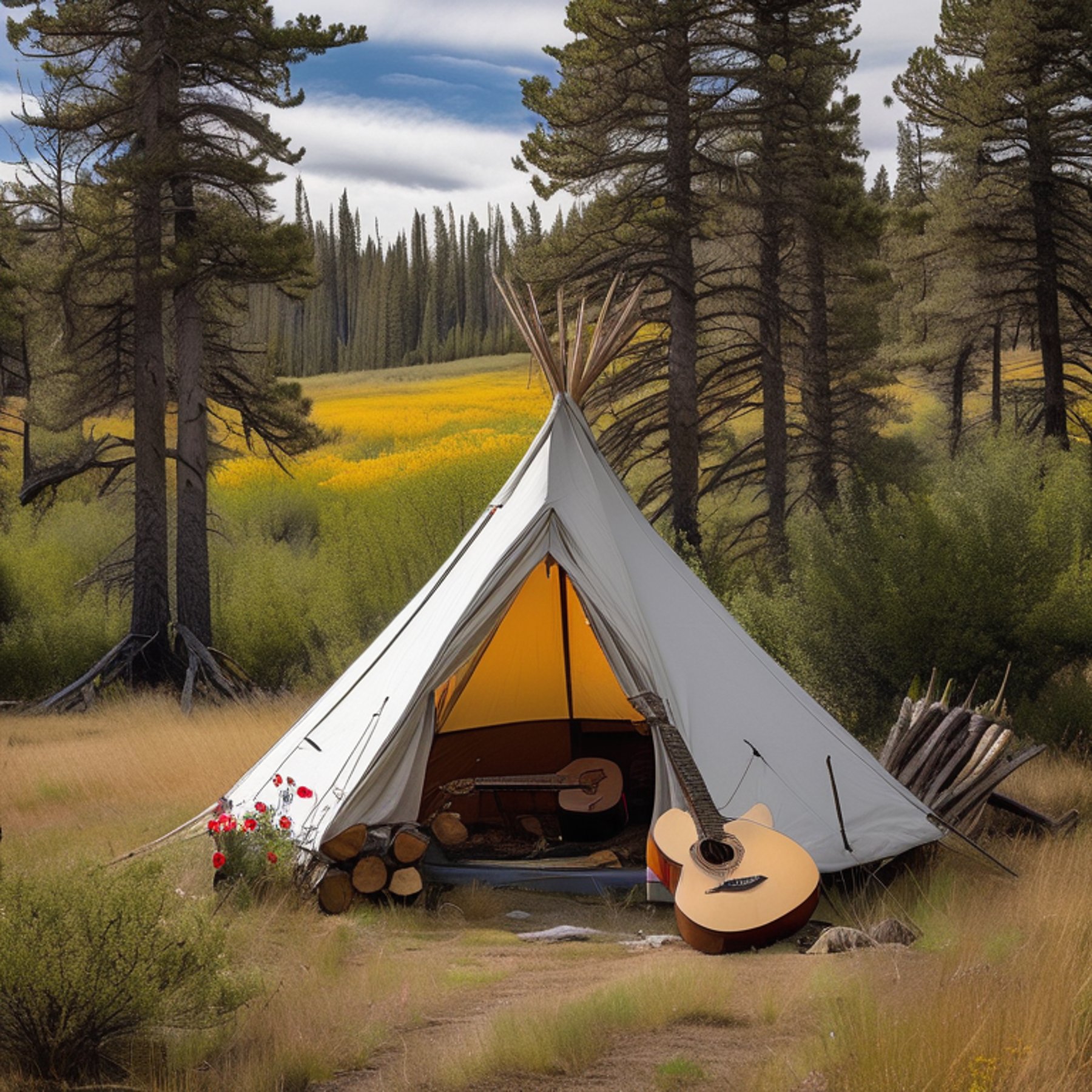 A cozy tent rests on a dirt clearing in the snowy Idaho plains. Tall grass and small flowers surround the campsite, with a campfire and logs nearby. A wooden guitar lies in the snow, adding a warm touch to the quiet scene.