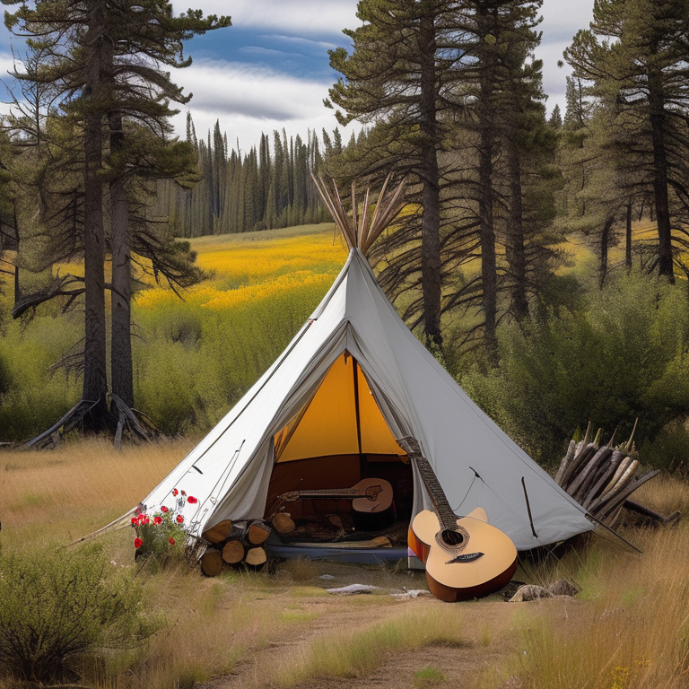 A cozy tent rests on a dirt clearing in the snowy Idaho plains. Tall grass and small flowers surround the campsite, with a campfire and logs nearby. A wooden guitar lies in the snow, adding a warm touch to the quiet scene.