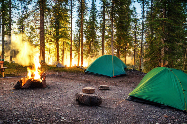 A cozy green tent rests on a dirt campsite beneath a clear night sky in Norway. A warm campfire glows beside the camping chairs, while dark mountains rise beyond the forest. Smooth stones and logs add a rustic touch.