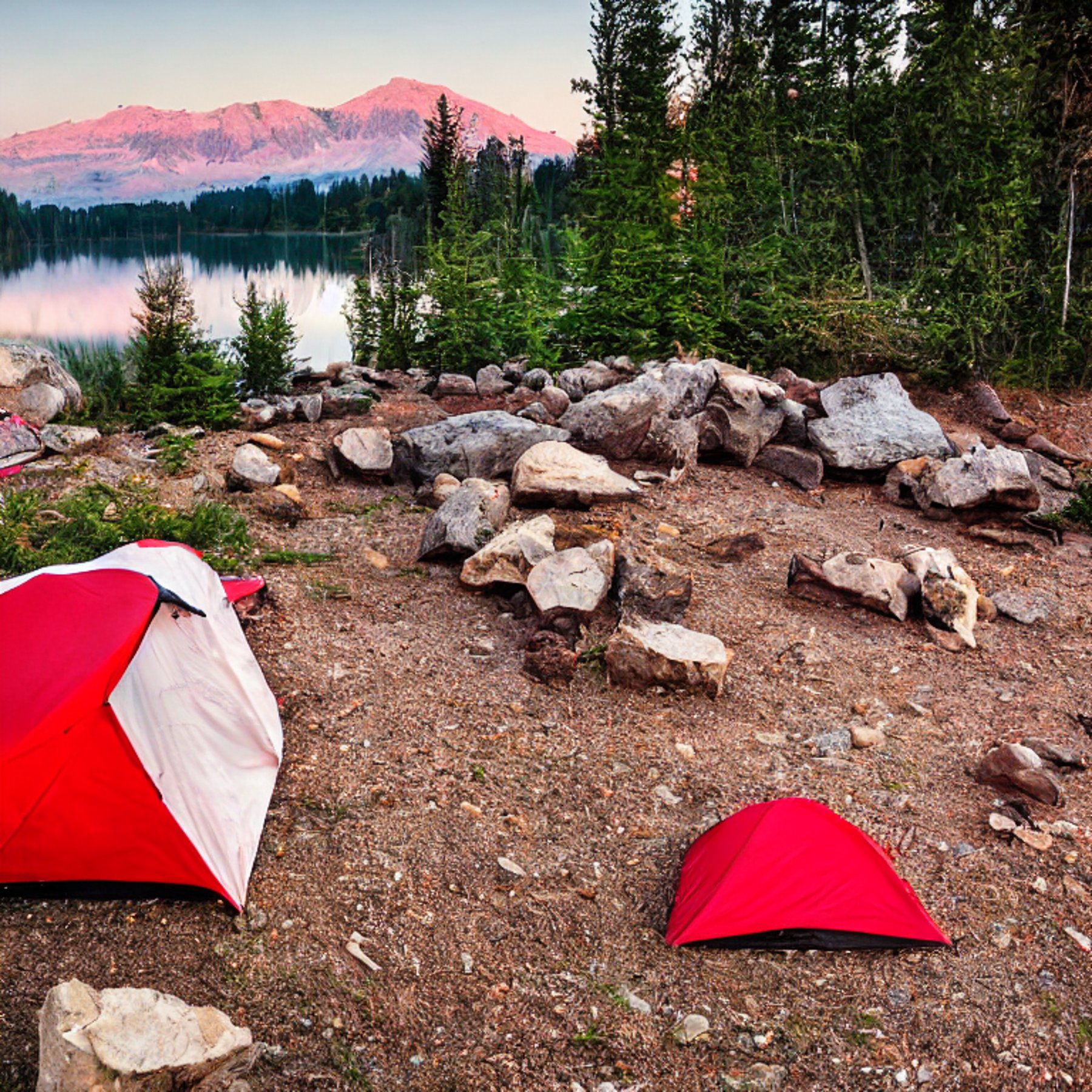 A red and white tent rests beside a quiet lake as the sun sets. A warm campfire glows among the stones, with large boulders nearby and a pale moon rising in the sky.