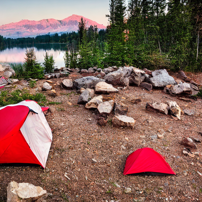 A red and white tent rests beside a quiet lake as the sun sets. A warm campfire glows among the stones, with large boulders nearby and a pale moon rising in the sky.
