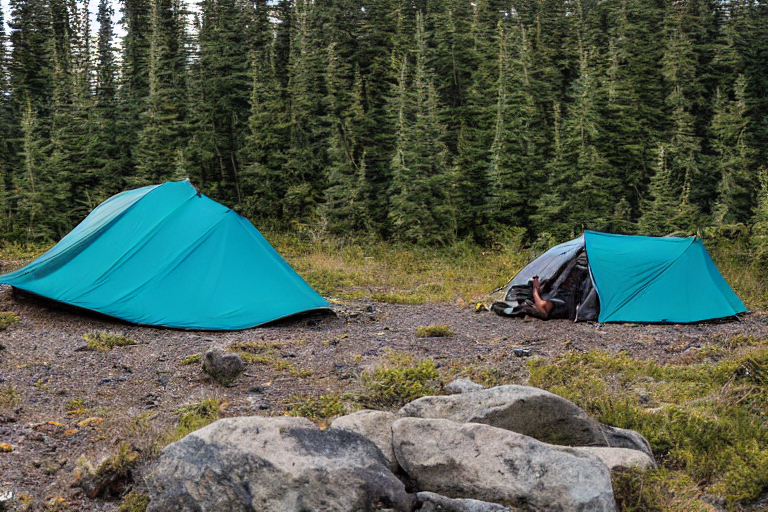 A teal two-person tent rests on a quiet paved campsite in the Alaskan wilderness at dusk. Hikers gather nearby, with backpacks and stone gravel scattered around a bare dirt patch. The clear sky and cool evening light create a calm, adventurous mood.