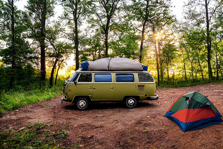 A green and tan camper van rests by a warm campfire in the foggy Ozark woods. A glowing tent, scattered leaves, and camping gear make the site feel cozy. A deer stands quietly in the distance as the sun sets.