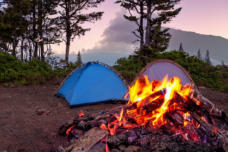 A gray and blue tent rests on a rocky patch beside a glowing campfire. Waves roll nearby as birds fly beneath a distant moon, while snow adds a quiet, magical touch to the Hawaiian sunset.