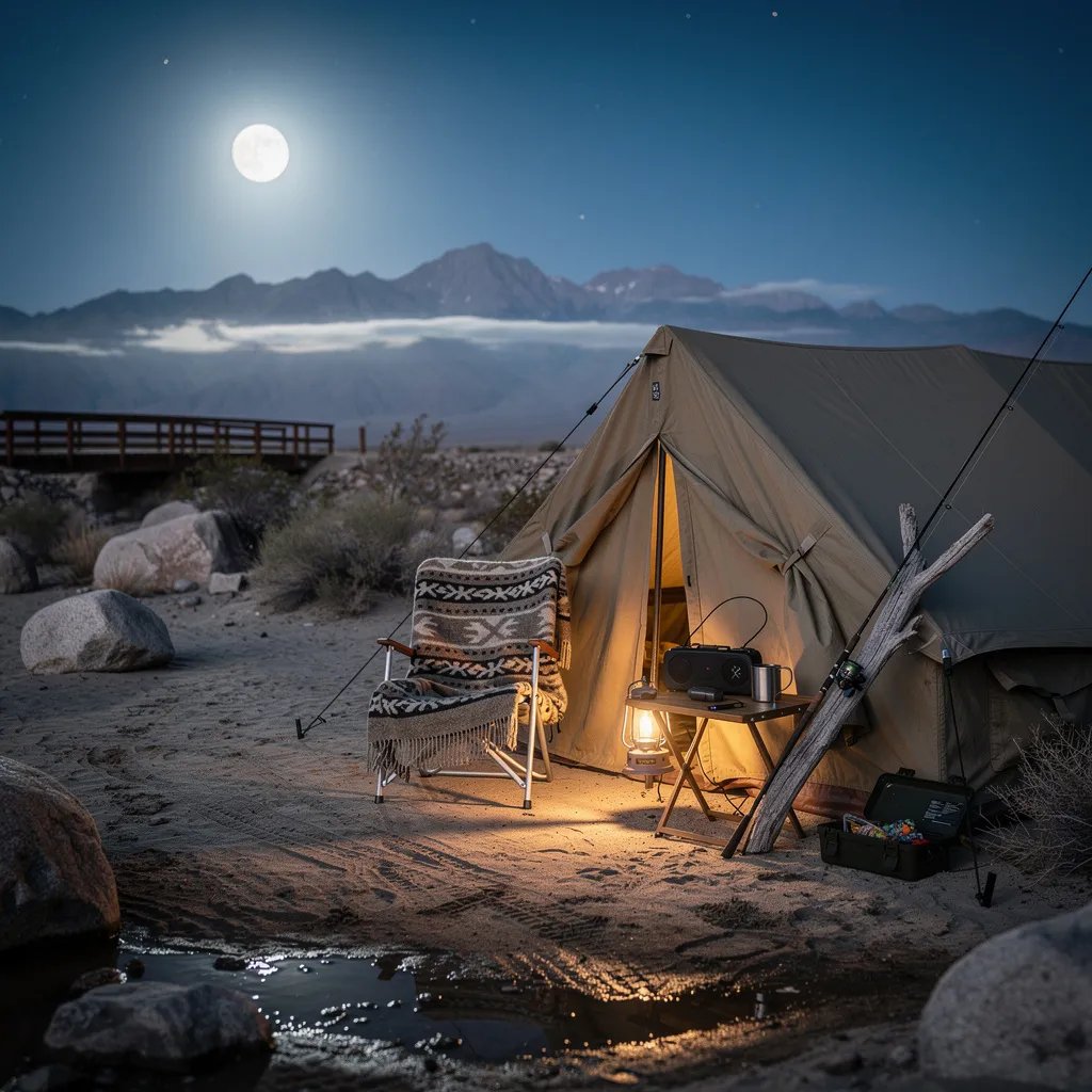 A quiet desert campsite sits on damp sand, with little puddles shining under a bright full moon. A khaki canvas tent glows warmly at the door, with a camp chair and blanket nearby. Rugged rocks and scrubby bushes surround the spot, and dark mountains rest on the far horizon.