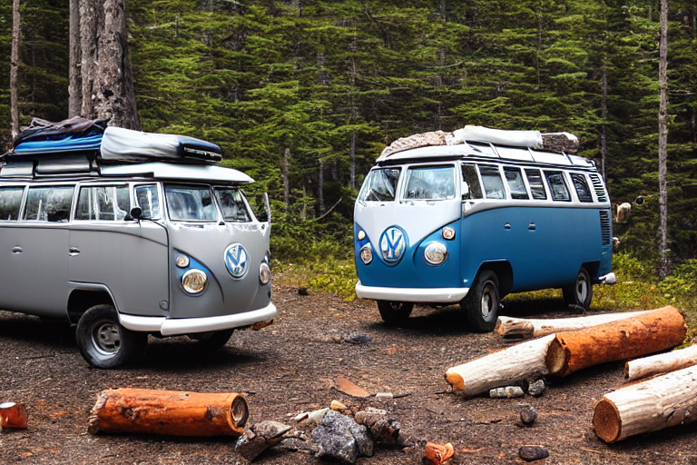 A blue and gray campervan rests on a rough dirt clearing in Isle Royale National Park. Nearby, a warm campfire glows inside a ring of stones as dusk settles over the wild landscape.