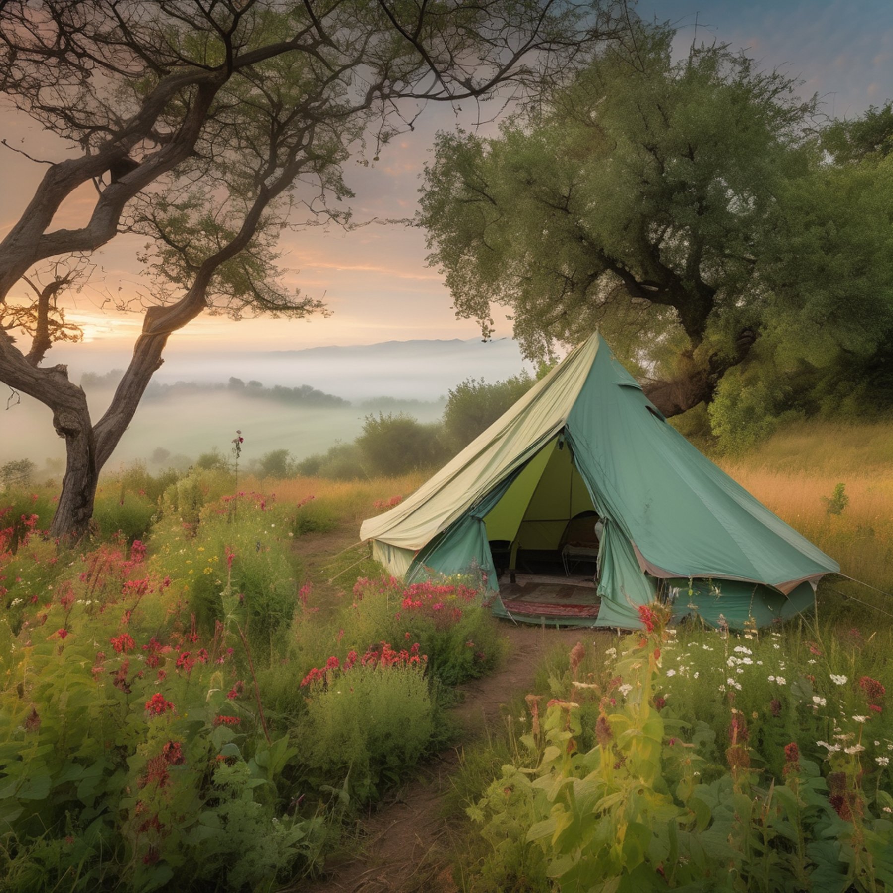 A mint green tent rests in a wildflower field beside a quiet dirt path. Soft sunrise light shines through the fog, with mountains rising in the distance. A berry bush and a bird’s nest add sweet details to this peaceful campsite.