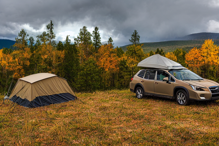 A green and tan Subaru sits at a quiet Colorado campsite beneath colorful fall trees. Its rooftop tent is open, ready for a cozy rainy-night stay. Tall grass, large stone slabs, and boulders surround a muddy patch of ground.