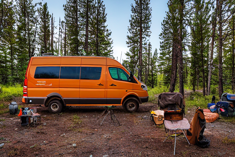An orange camper van rests on a quiet dirt campsite beneath tall trees in Yellowstone. A picnic table and glowing lantern create a warm, cozy feel under the night sky.