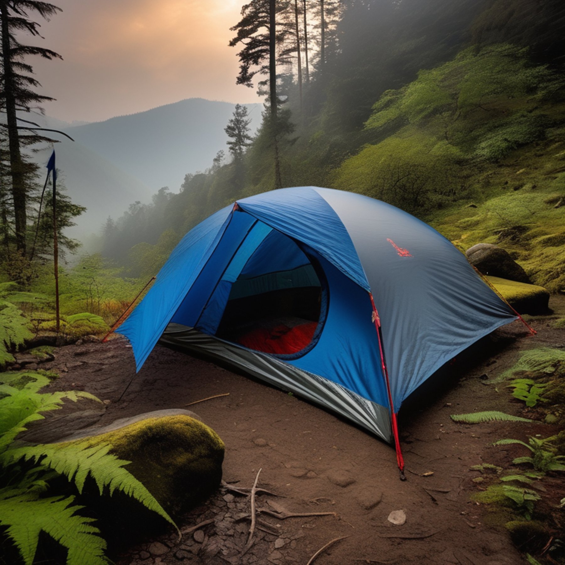 A blue and gray tent rests on a quiet dirt campsite in the Smoky Mountains. Ferns, small trees, and a large rock surround the winding trail. Soft sunset light shines through the cool, foggy air.