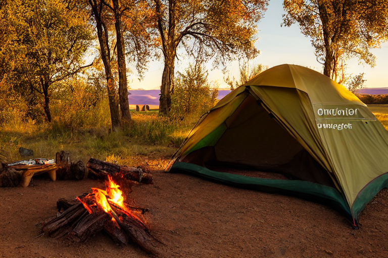 A green and tan tent rests on a dirt campsite beneath the towering rocks of Monument Valley. A small stream winds through the fall-colored trees, while a campfire glows beside a box of camping gear. Cloudy sunset light gives the peaceful scene a warm, golden feel.
