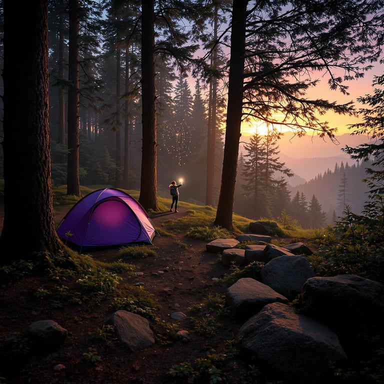 A purple tent rests among the wild trees as soft sunrise light fills the hazy forest. A spider web glimmers between two trunks, while a distant camper’s flashlight shines near the large stone slabs.