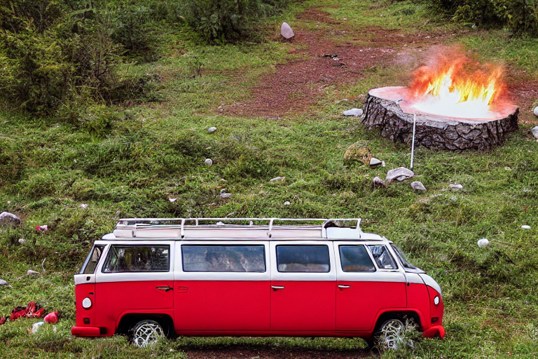 A red and white campervan rests beside a warm spring as a gentle stream winds through the campsite. Fog drifts over the stones, while a small campfire glows near the paved parking spot under the soft sunset sky.