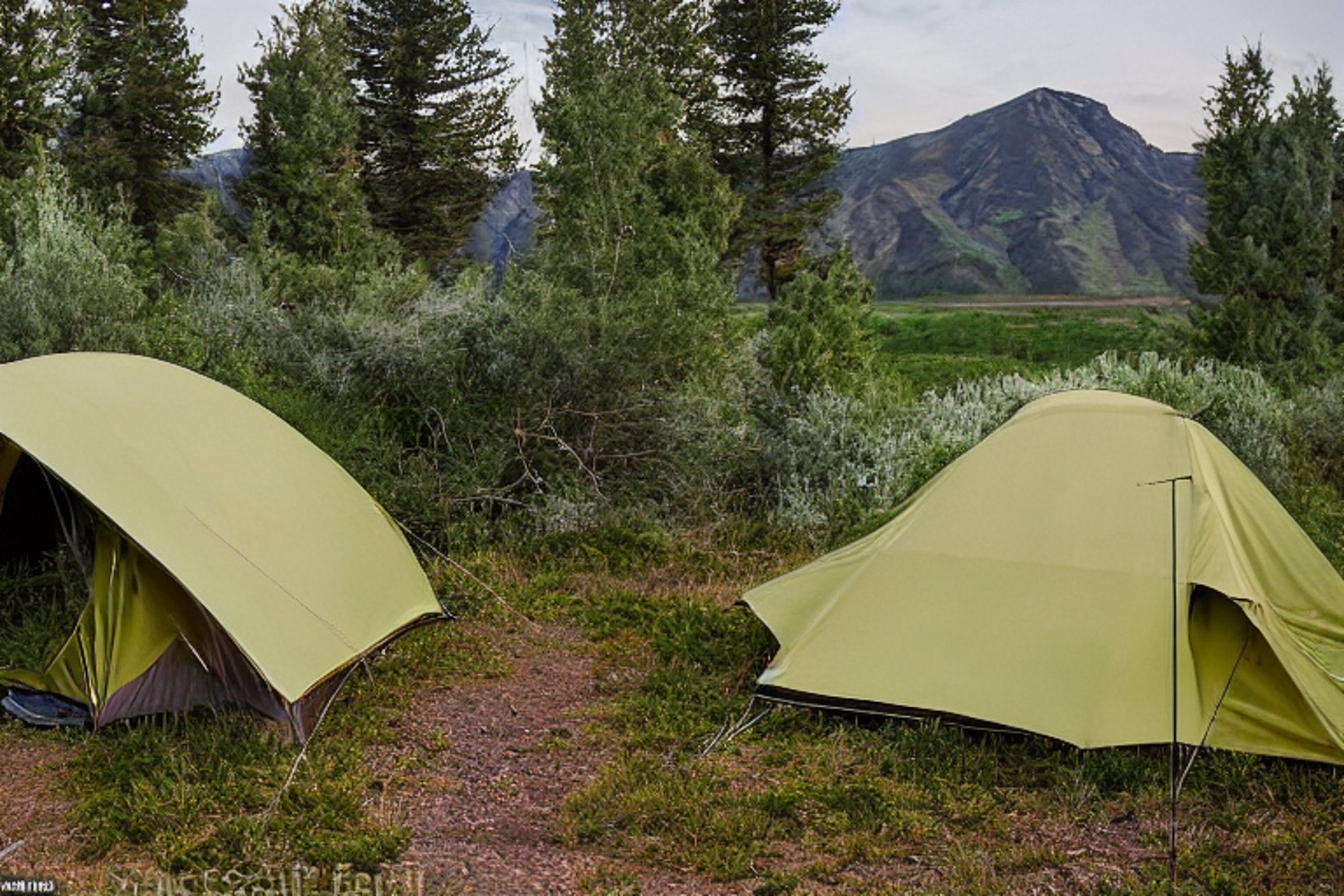A green camo tent rests on a muddy patch in the Idaho plains as rain falls at sunrise. Ferns, twigs, and a large rock surround the camp, while clothes hang on a line and a person shines a flashlight in the distance.