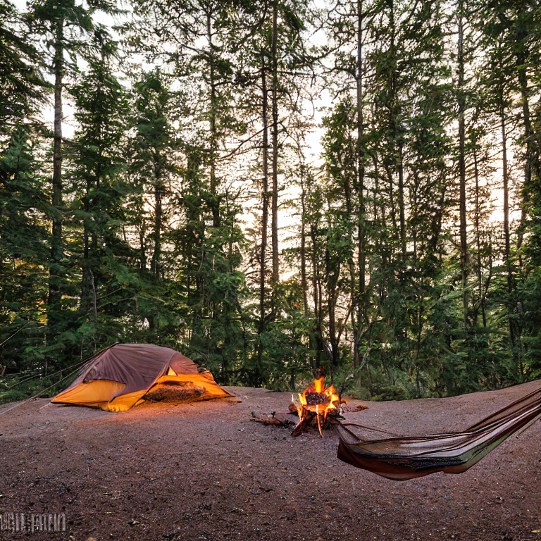 A brown tent rests on a quiet paved campsite as the sun sets over the rolling hills of Minnesota’s North Shore. A warm campfire glows beside the dirt clearing, while a hammock hangs between the trees in the soft fog.