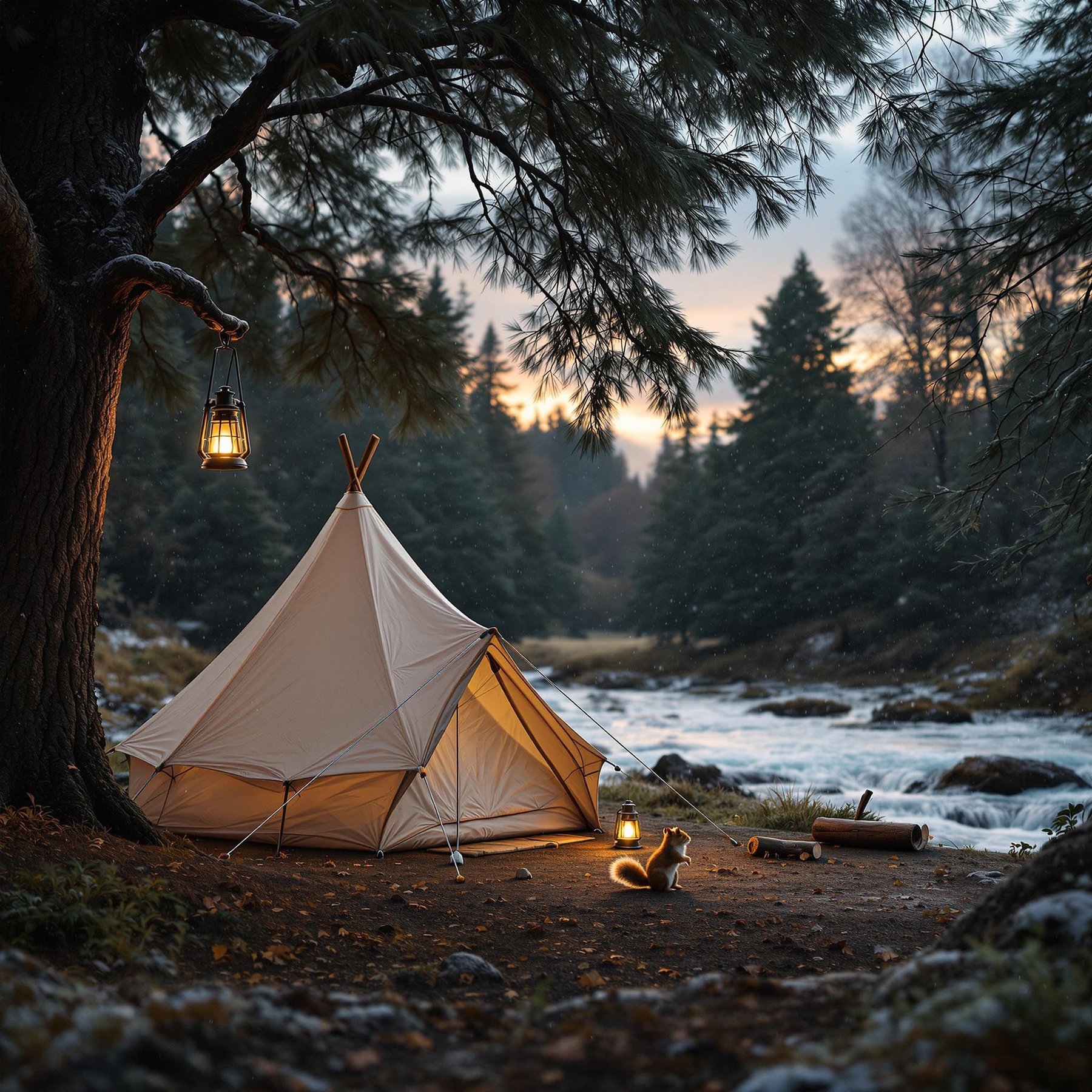 A cozy tent sits by a rushing river under tall pine trees. Lanterns glow softly as a curious squirrel visits the campsite. The air feels peaceful and fresh at sunset.