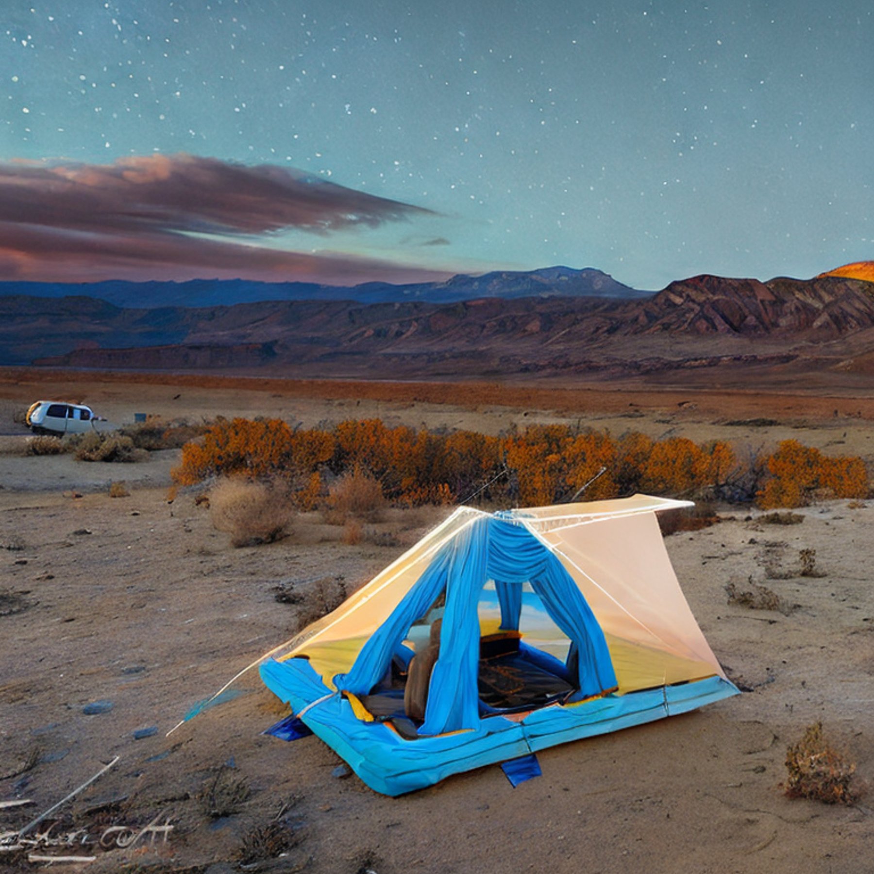 A blue Jeep with a rooftop tent rests on a quiet dirt campsite in Death Valley. Fall-colored trees, snowy hills, and a winding trail glow in the sunset, while a lantern lights the ground nearby.