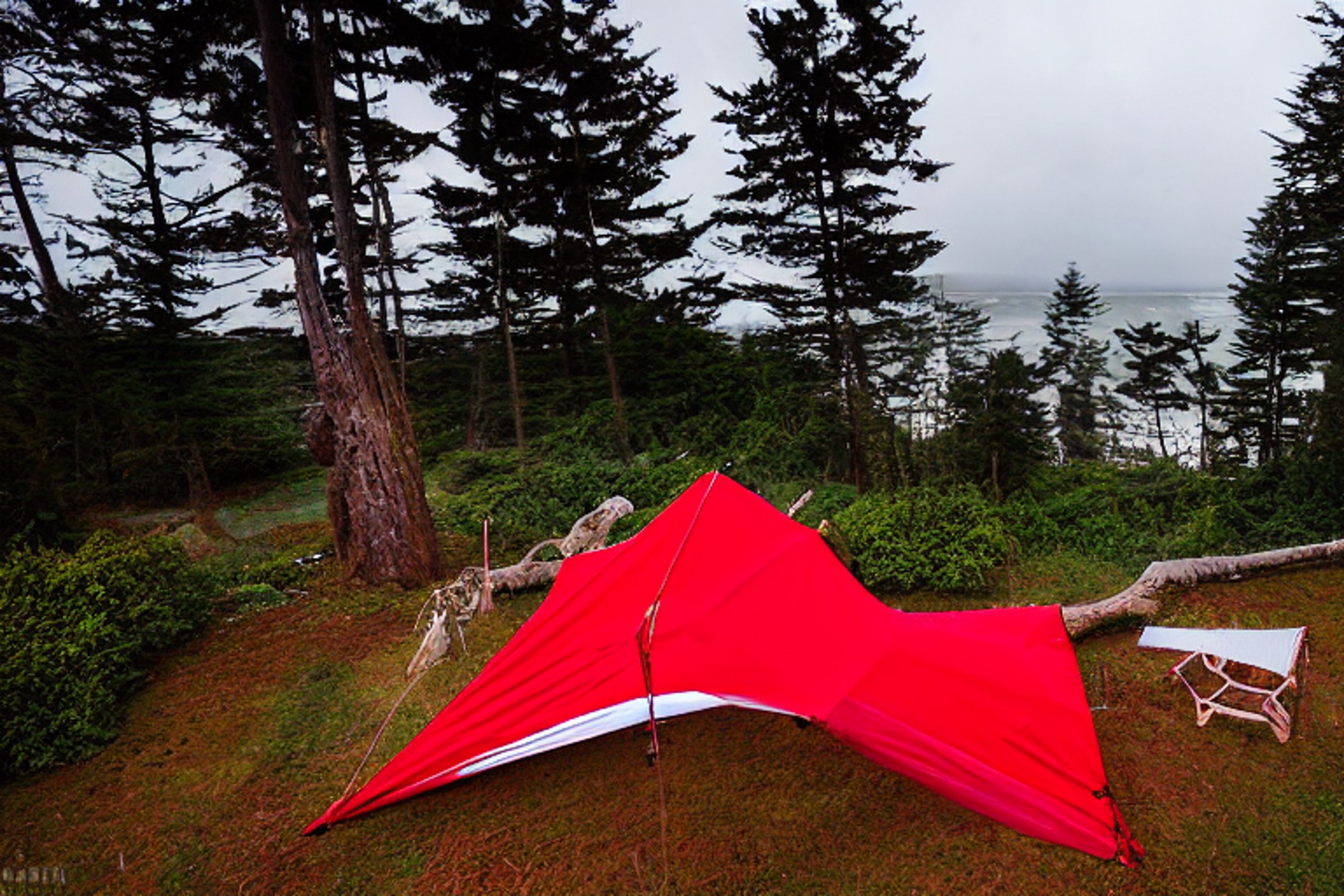 A red and white Subaru sits at a beach campsite beneath tall trees, with a cozy rooftop tent open for the morning. A hammock hangs nearby, while surfers ride the waves under a stormy sunrise. A large log rests beside the campfire on the dirt.
