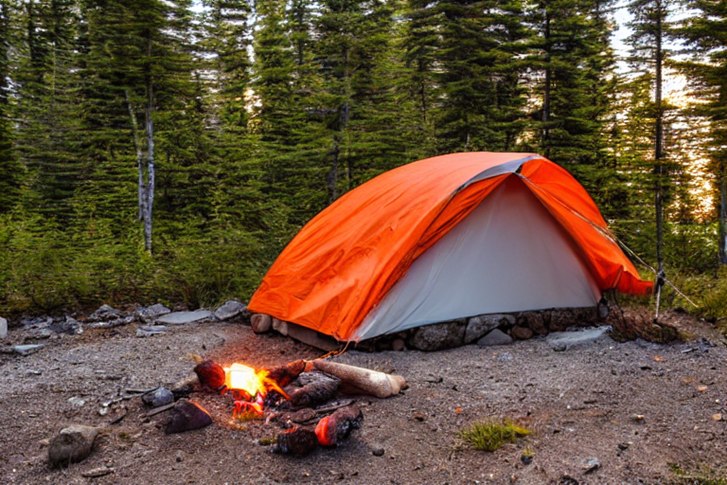 A gray and orange tent rests on a dirt clearing in Isle Royale National Park. Small trees, stones, and large rock slabs surround a warm campfire as the sun rises under a clear sky.