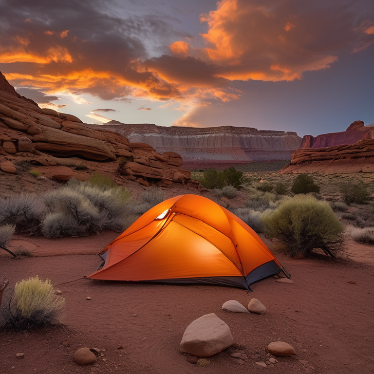 A gray and orange tent rests on a quiet dirt campsite in Capitol Reef National Park. A small stream winds past the tent, with stones, a twig, and a backpack nearby. Soft sunset light glows beneath the cloudy sky.