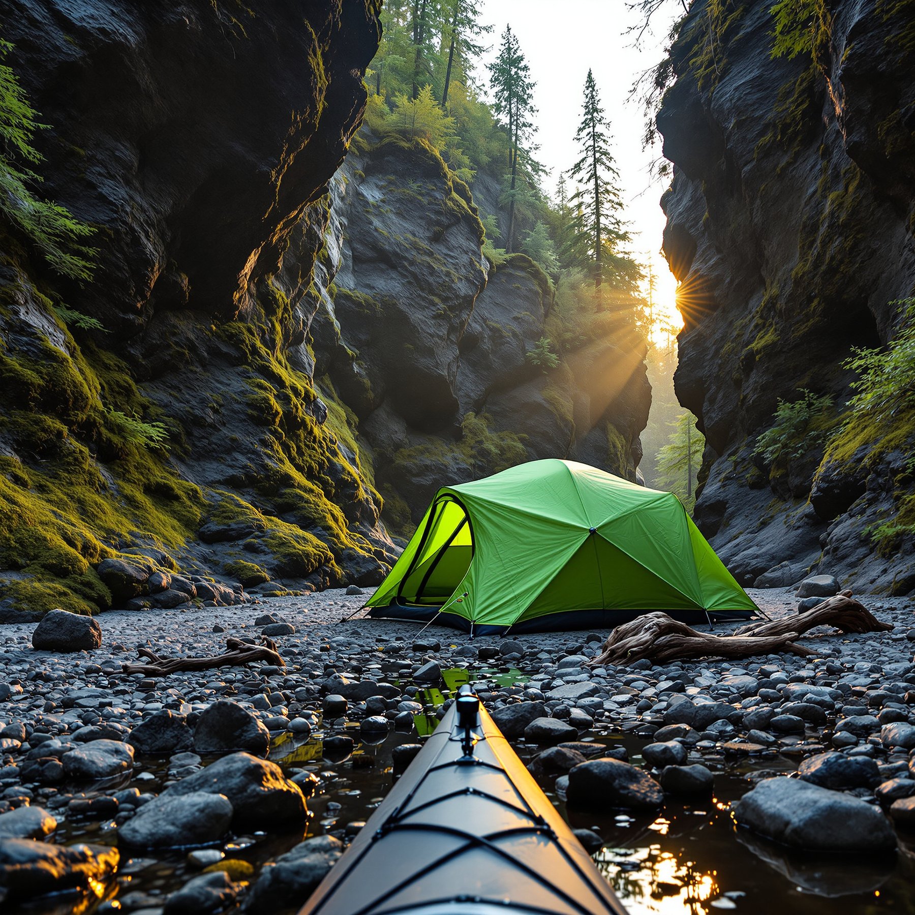 A bright green tent sits in a rocky canyon with tall cliffs on both sides. Sunlight streams through the trees above, making everything feel peaceful and magical. A small creek and driftwood add to the wild, natural beauty.