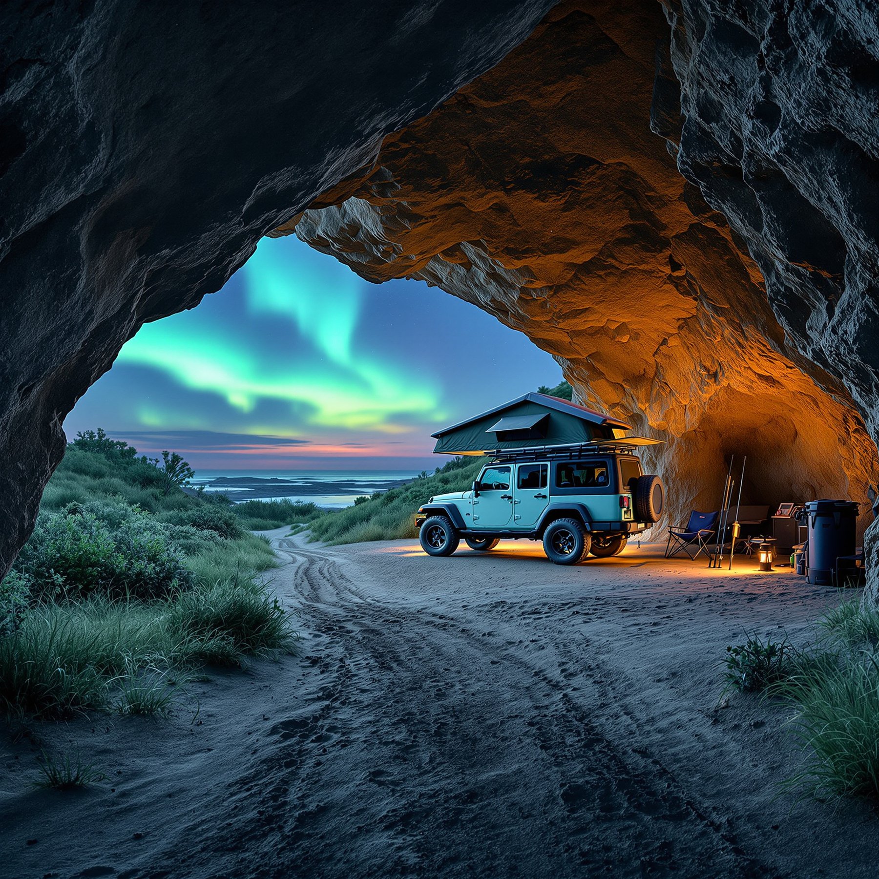 Camp inside a cozy cave as glowing lights fill the night sky outside. A cool jeep and comfy chairs make this spot the perfect place to enjoy nature’s magic. Watch the bright green auroras dance above soft sandy trails and peaceful grass.
