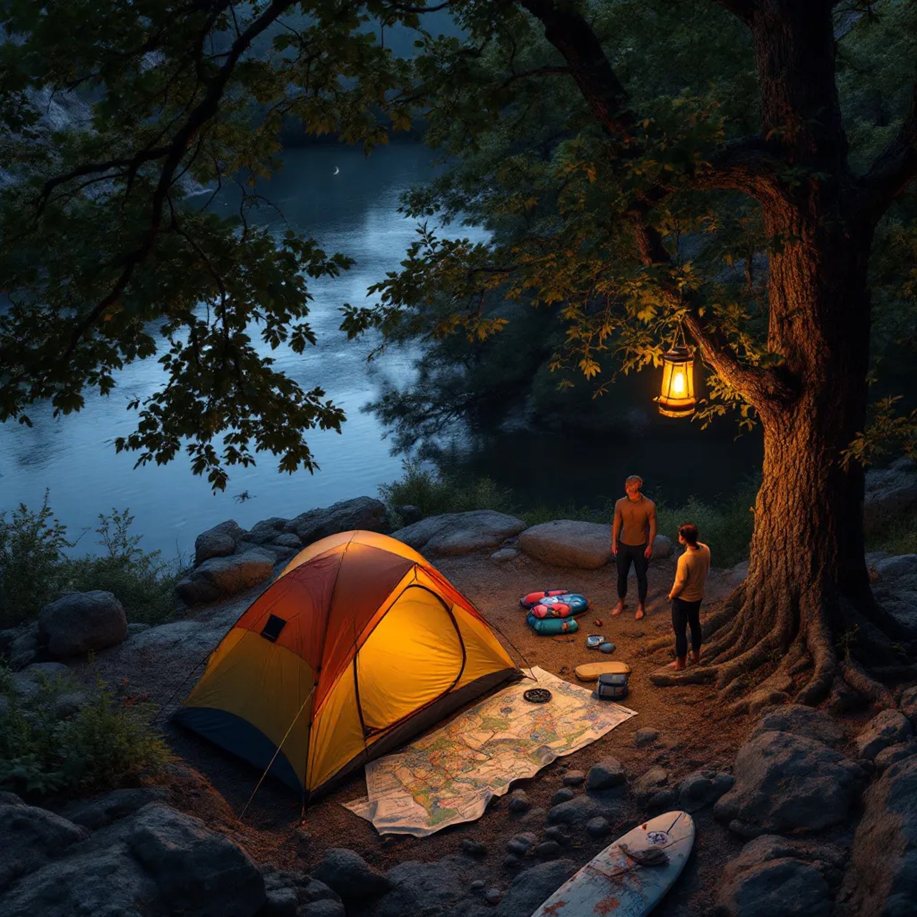 A colorful tent rests among tall trees in the quiet Ozark night. A crescent moon and a glowing solar lantern light the dreamy campsite, while ancient petroglyphs mark the nearby rocks.