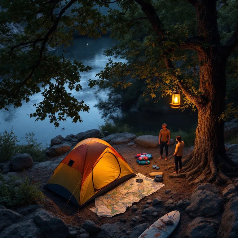 A colorful tent rests among tall trees in the quiet Ozark night. A crescent moon and a glowing solar lantern light the dreamy campsite, while ancient petroglyphs mark the nearby rocks.