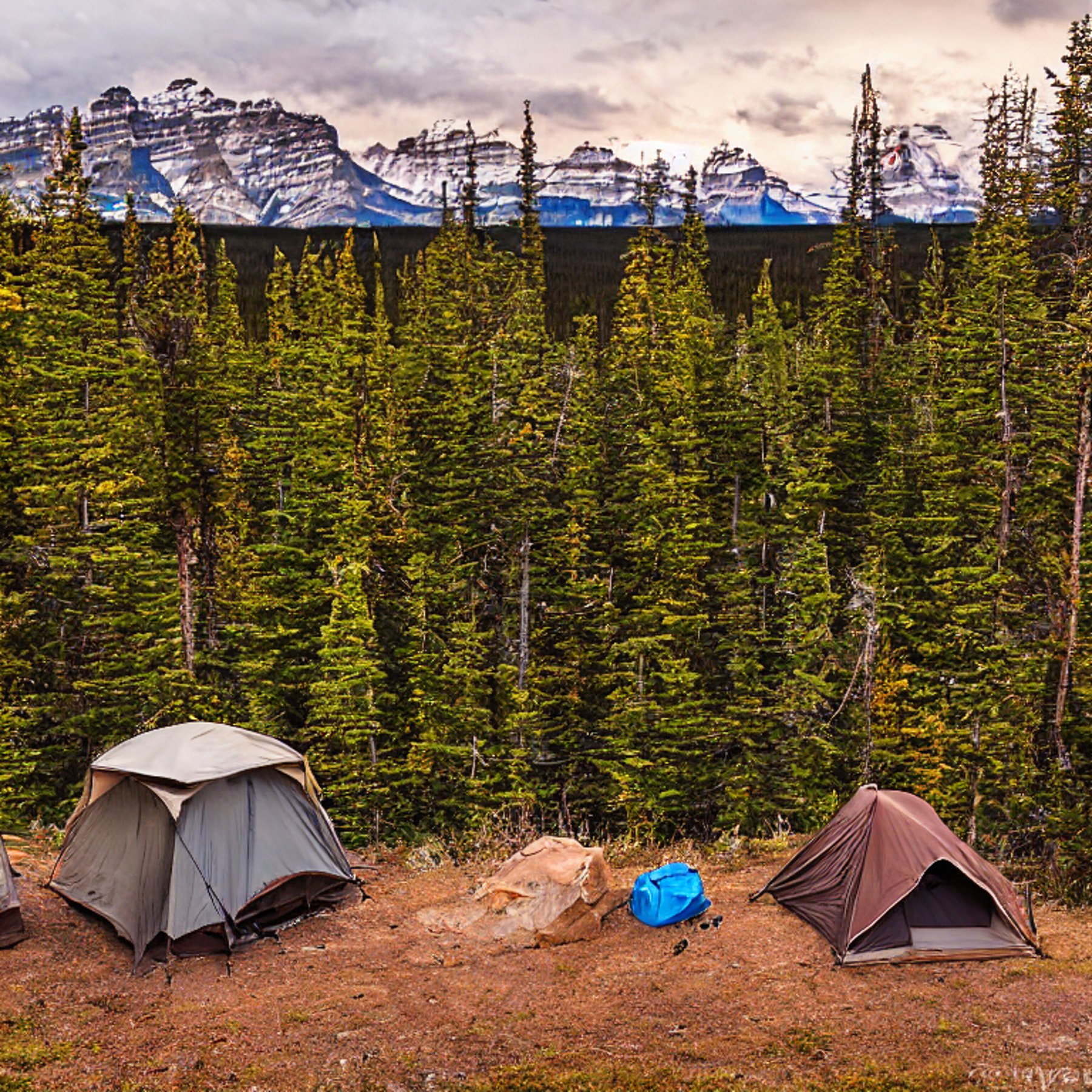 A brown Subaru rests at a quiet dirt campsite beneath a glowing northern lights sky. Fall-colored trees and tall grass surround a warm campfire, with a large log nearby. A rooftop tent offers a cozy shelter under the stormy night.