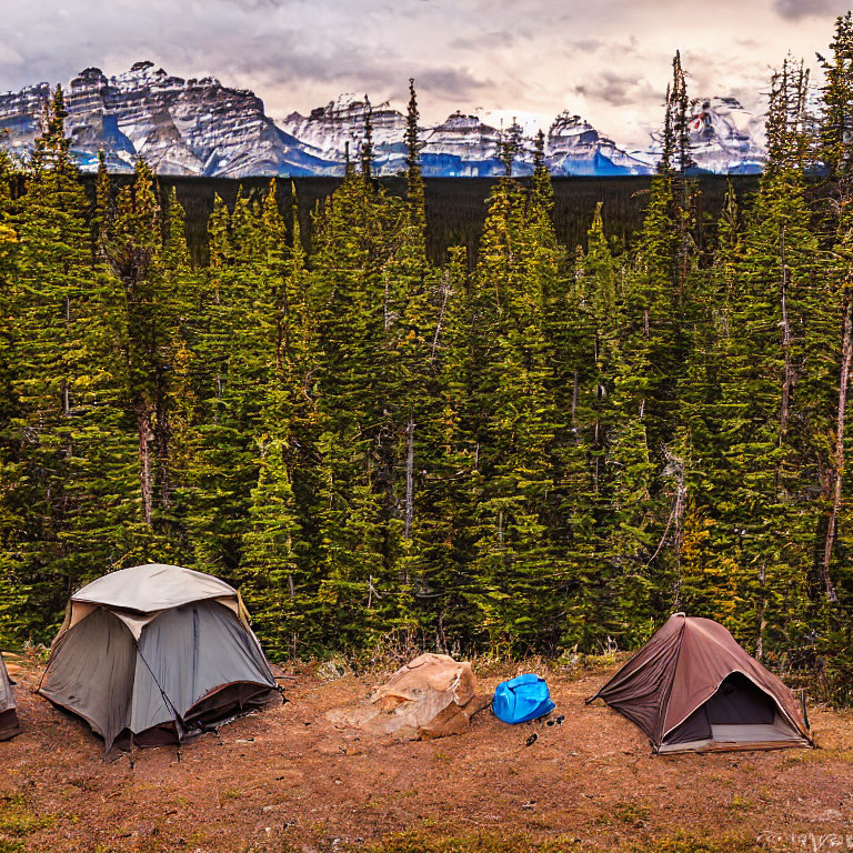 A brown Subaru rests at a quiet dirt campsite beneath a glowing northern lights sky. Fall-colored trees and tall grass surround a warm campfire, with a large log nearby. A rooftop tent offers a cozy shelter under the stormy night.