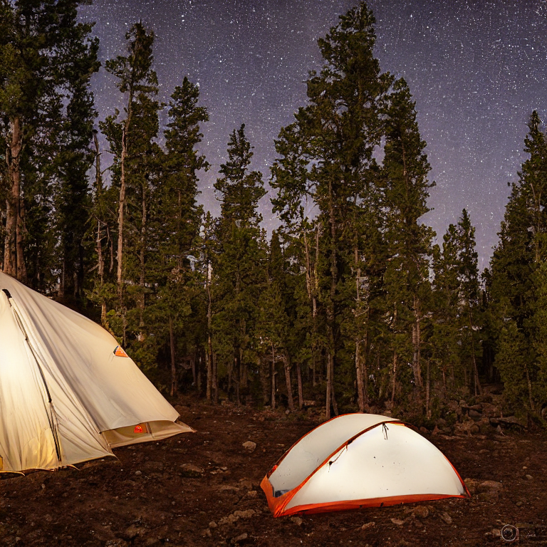 A white tent glows softly on a dirt campsite beneath tall Colorado trees. Camping chairs sit nearby as the sun sets behind cloudy skies, with a pale moon rising in the distance.