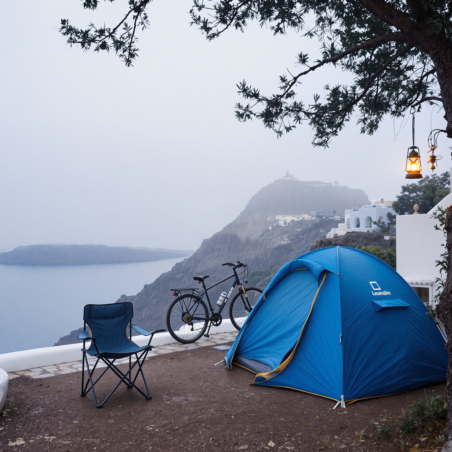Camp by the sea on a misty cliff, with a blue tent and a cozy chair under a tree. A lantern glows gently, while a bike waits for an adventure. The view of the quiet water and rocky hills makes it feel peaceful and magical.